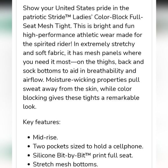 Dover Saddlery Stride Color Block Full Seat Mesh Tight Patriotic Small - Picture 2 of 9